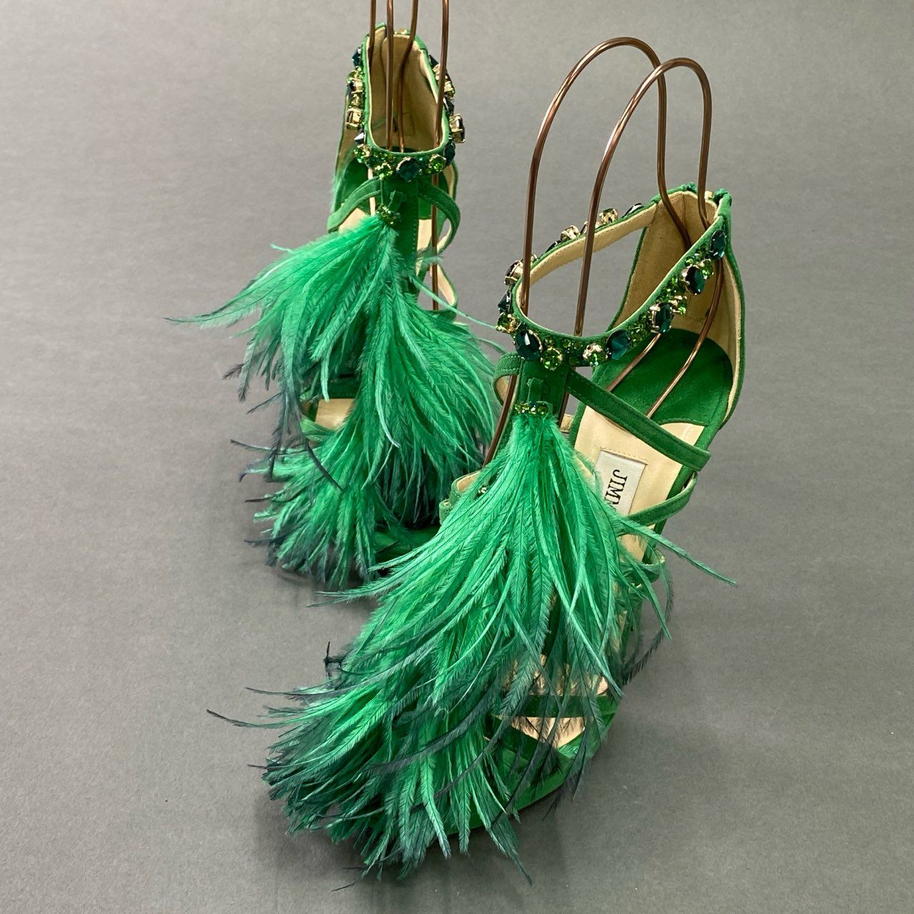 3c18 イタリア製 JIMMY CHOO ジミーチュウ ラインストーン ハイヒールサンダル パンプス シューズ フェザー 37 グリーン スエードレザー