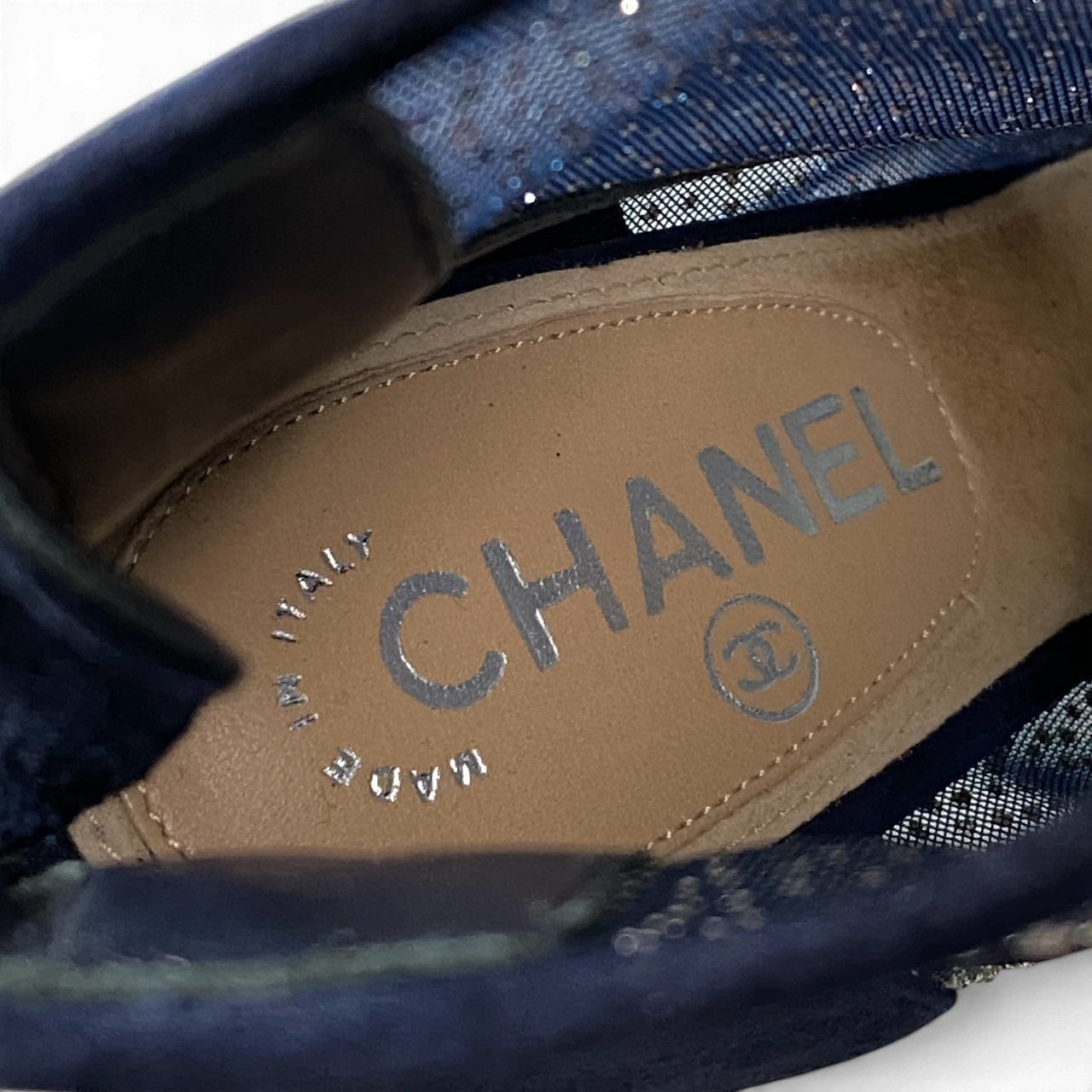 CHANEL シャネル スエード素材 ラメ付きラインストーン バックジップ パンプス サイズ37 ネイビー レディースk02i