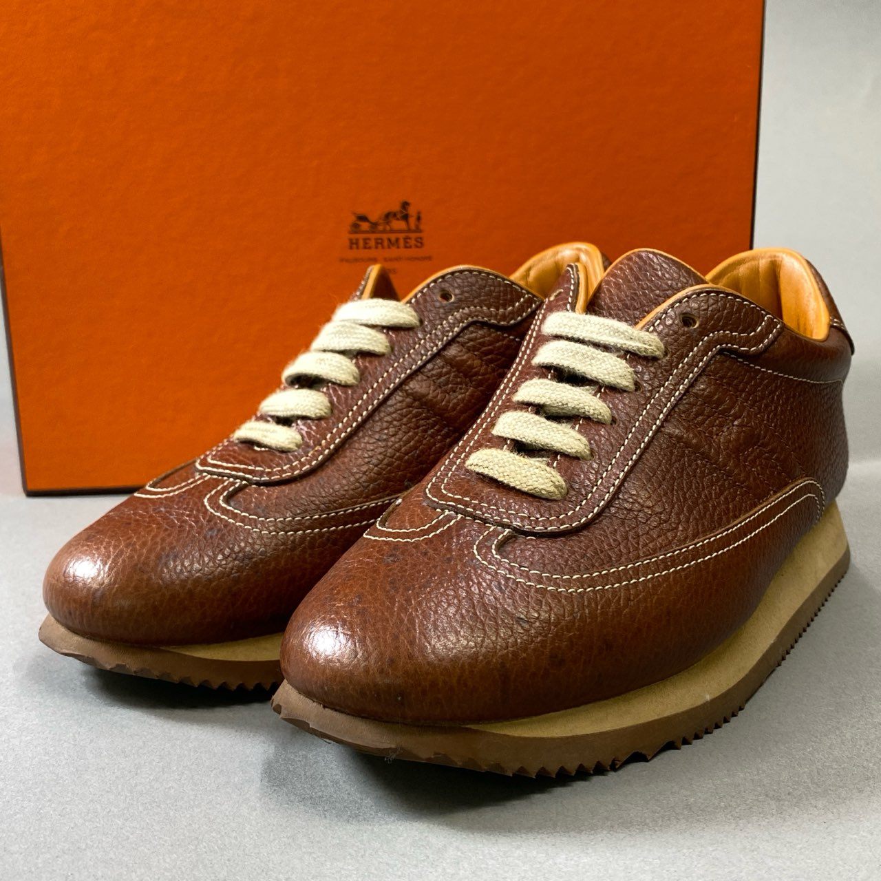 エルメス　クイック　ブラウンレザー レースアップシューズ 38 6j16 HERMES エルメス クイックレザースニーカー スニーカー シューズ