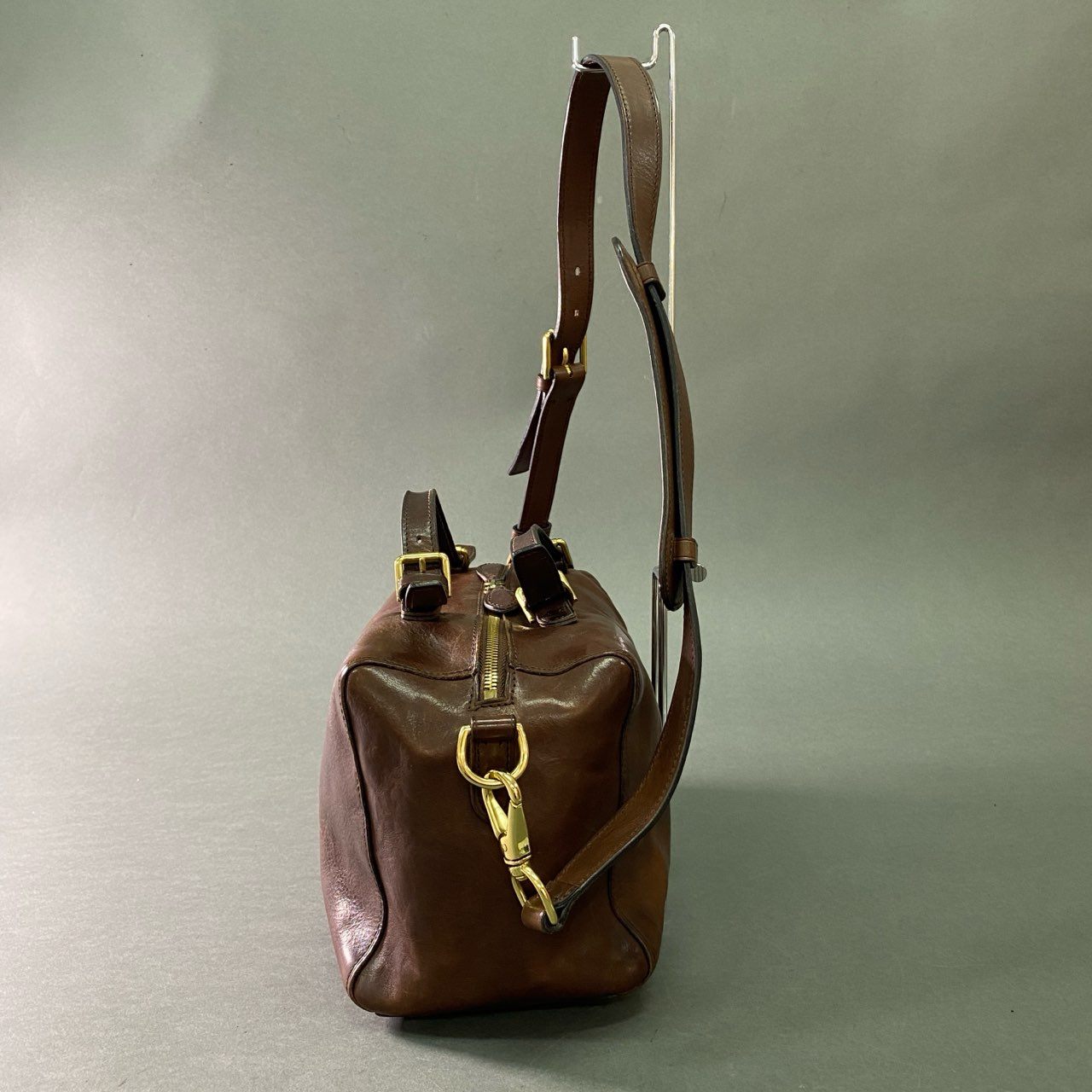 Db28 RALPH LAUREN ラルフローレン ミニボストンバッグ レザーバッグ ショルダーバッグ 2way 裏地チェック柄 ブラウン 本革