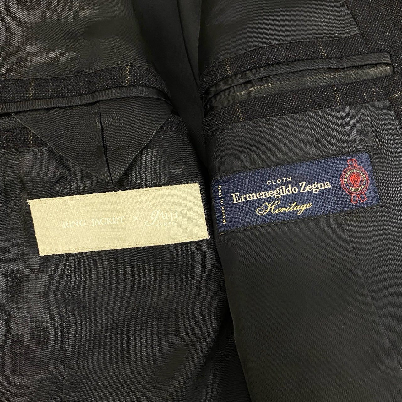 87f24 《美品》 RING JACKET リングヂャケット × guji グジ カシミヤブレンド セットアップ スーツ 42 ネイビー Zegna ゼニア生地 フォーマル ビジネス
