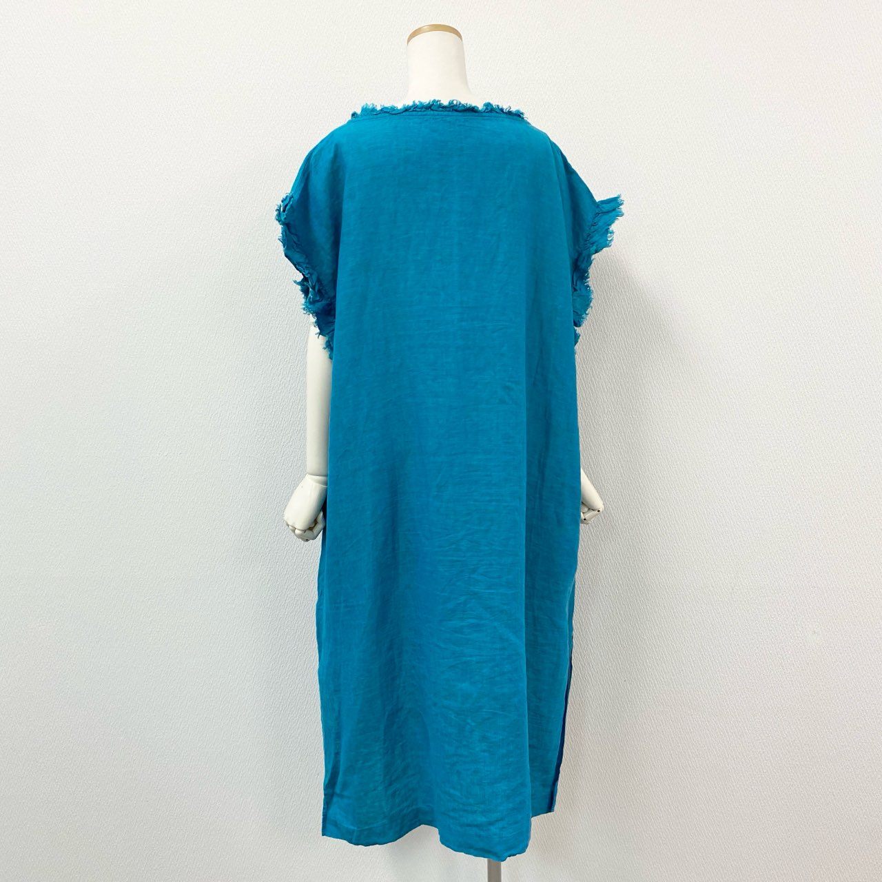 48h14《美品》 HOUSE OF LOTUS ハウスオブロータス カットオフリネンワンピース ロングワンピース フレンチスリーブ サイズM ブルー 麻 リネン100 レディースu02t