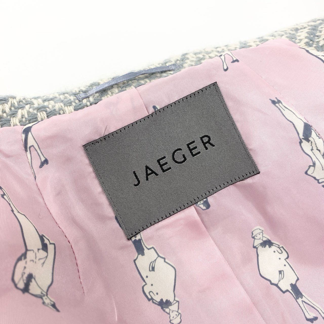 34i18 JAEGER イエーガー 日本製 ツイードロングコート ダブル 裏地総柄プリント 10 M-Lサイズ相当 ブルー系 ウール レディースk02i