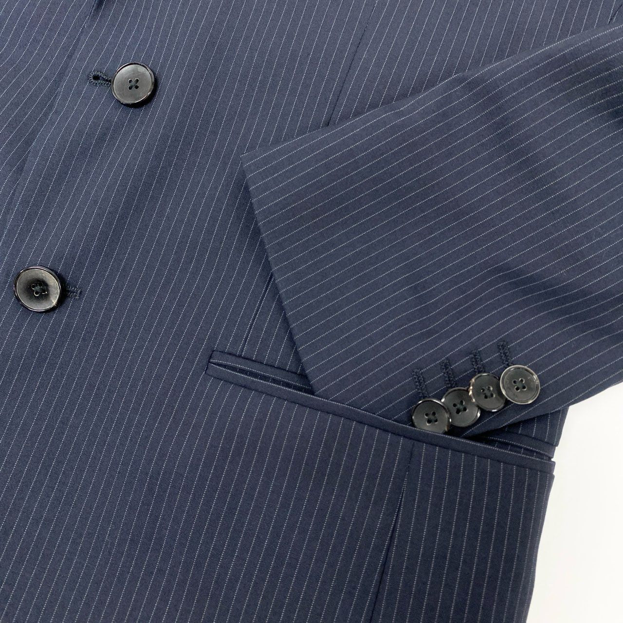 50h25 HUGO BOSS ヒューゴボス REDA SUPER110 セットアップ スーツ ストライプ ビジネス フォーマル 48 ネイビー ウール メンズo07t