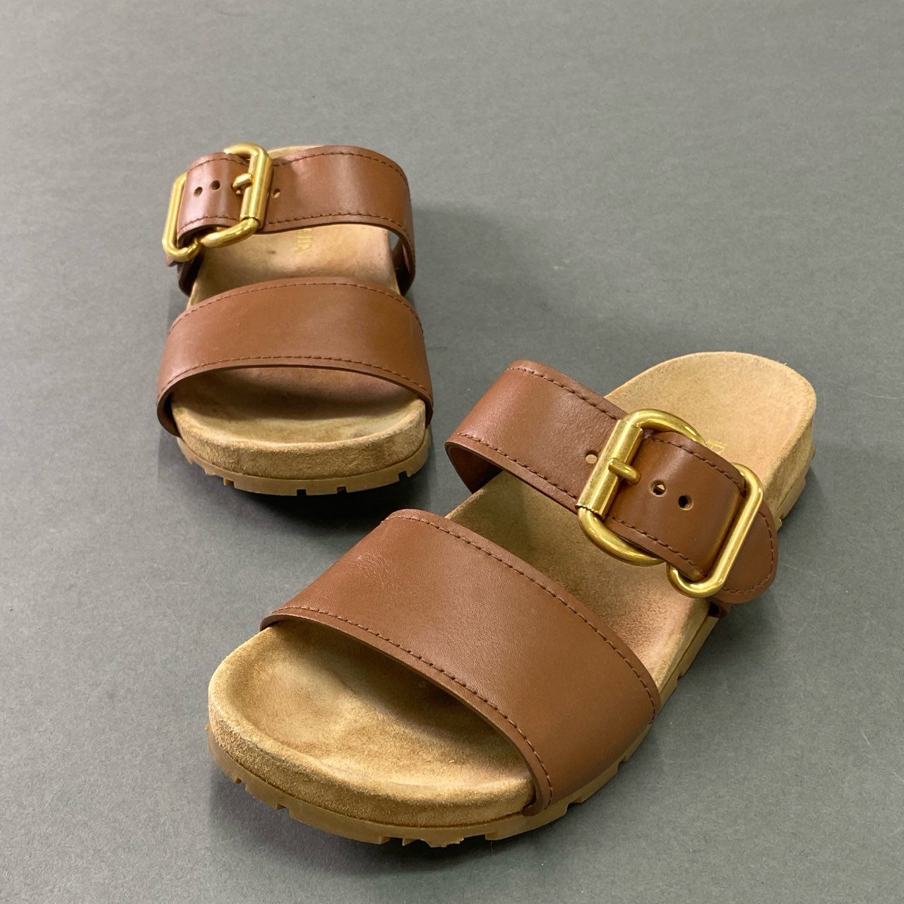 7b7 PRADA プラダ レザーベルト フラットサンダル コンフォートサンダル leather イタリア製 37 ブラウン 本革 レディース