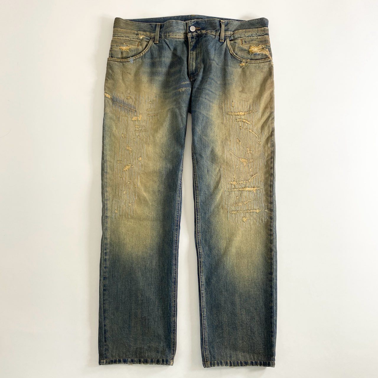 69g2 DOLCE&GABANNA ドルチェ&ガッバーナ ダメージ&タタキ加工 ロゴプレート デニムパンツ ジーンズ サイズ54 インディゴ メンズ 男性用 ボトム