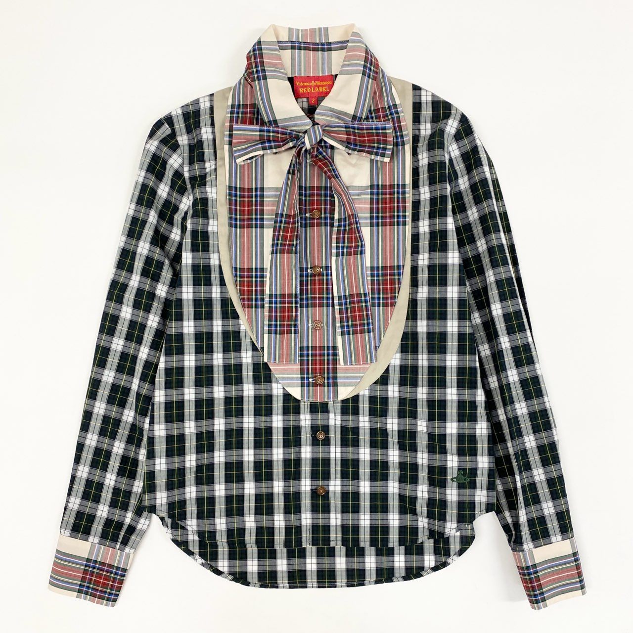 5c21 【美品】 Vivienne Westeood RED LABEL ヴィヴィアンウエストウッド レッドレーベル オリゾンティ期 ブラウスシャツ リボン ボウタイ ギンガムチェック 長袖シャツ 日本製 357-01-83009 M グリーン レッド コットン100%