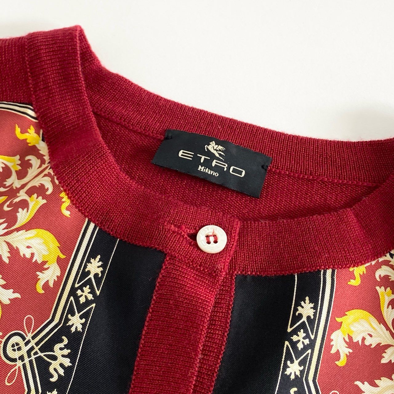 10h30 《美品》 イタリア製 ETRO エトロ シルク100% シルクプリント切替 ウールニット カーディガン サイズ44 レッド レディース 婦人服