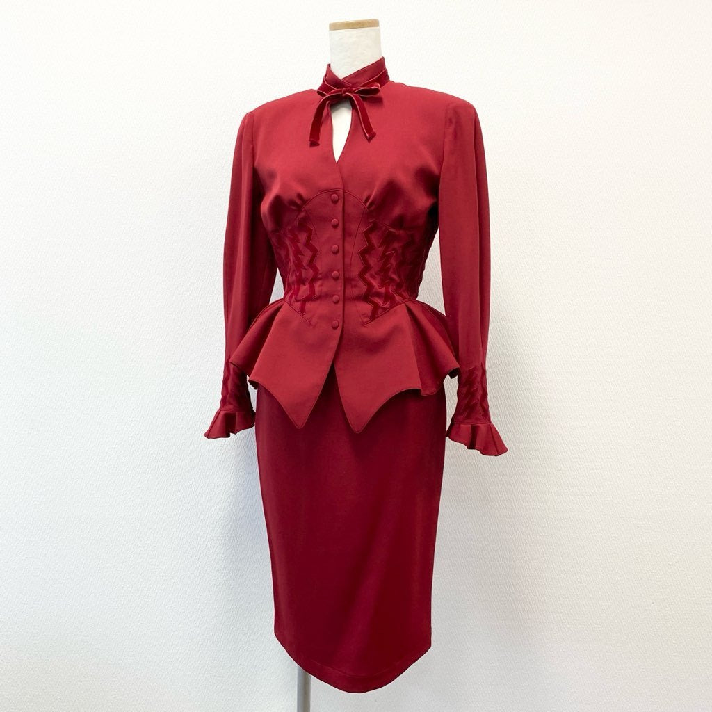 63d8-3 Thierry mugler ティエリー ミューグレー ジャケット/スカート スーツ セットアップ レースアップ フレア ボウタイ 変形デザイン サイズ9AR/63-90 レッド ウール100% レディース 日本製