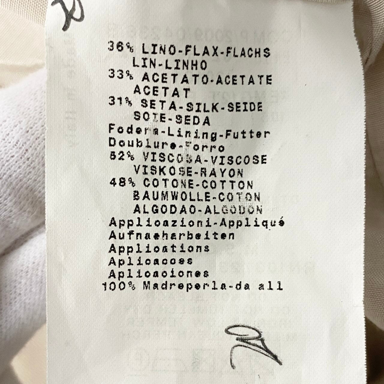27e11 ARMANI COLLEZIONI アルマーニコレツィオーネ オープンカラージャケット リネンブレンド 総柄 シェルボタン 貝ボタン サイズ38 ベージュ レディース 女性用o07t