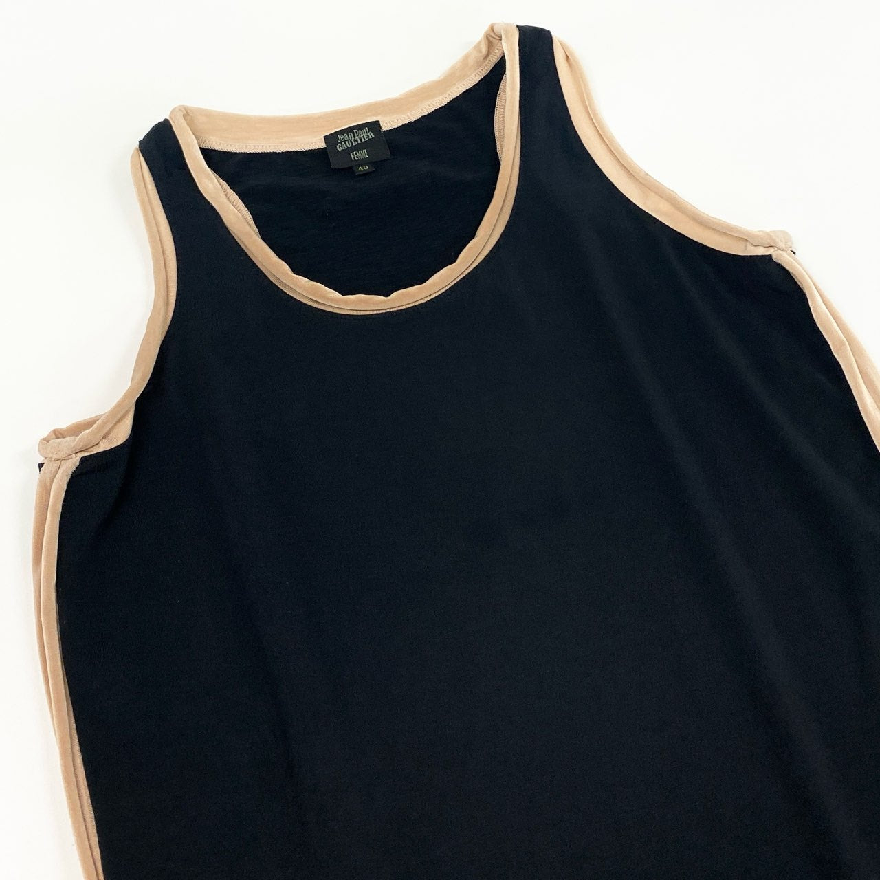 7f11 Jean Paul GAULTIER ジャンポールゴルチエ 日本製 タンクトップ オースリーブカットソー トップス サイドスリット 40 ブラック ベージュ ナイロン