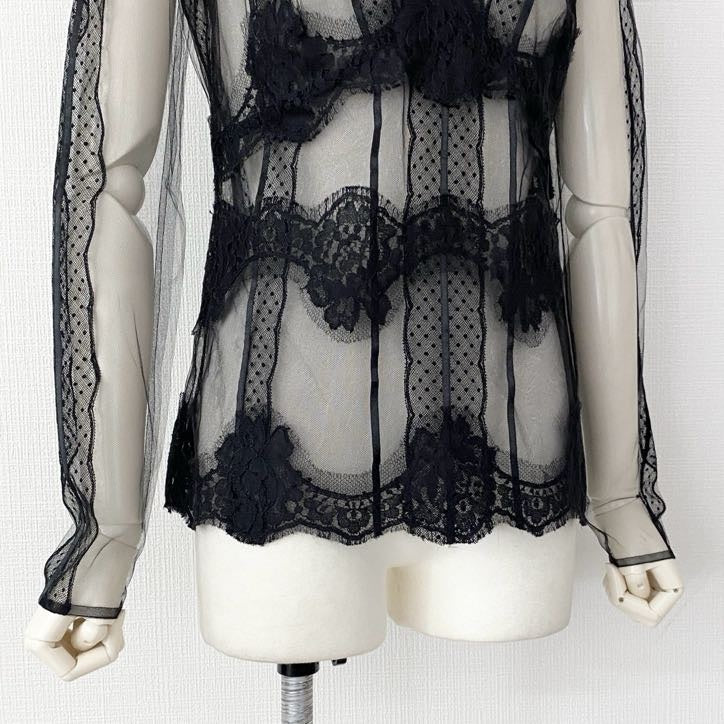 55i26 DOLCE&GABBANA ドルチェアンドガッバーナ レーストップス 長袖ブラウス チュール シアー素材 サイズ40 ブラック レディース イタリア製