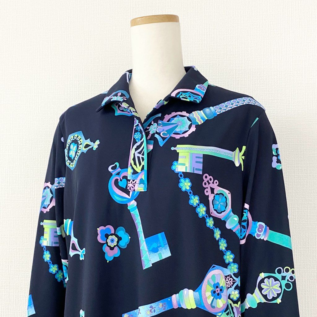 5f20-2 大きいサイズ LEONARD SPORT レオナール チュニックワンピース 襟付きワンピース 伸縮素材 手洗い◎ 0568645 サイズ42 ネイビー マルチカラー ポリエステル100% レディース 日本製