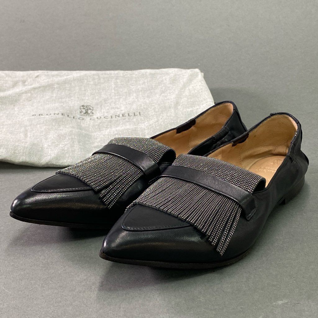 2e10 BRUNELLO CUCINELLI ブルネロクチネリ ラメフリンジ ローファー 37 1/2 ブラック レザー 革靴 フラットシューズ イタリア製