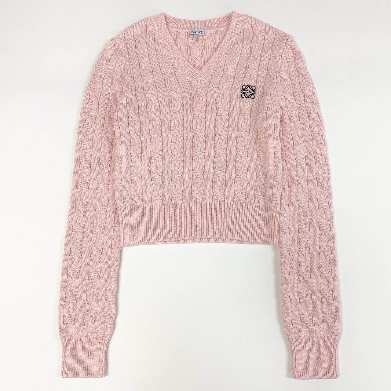 84e30 《未使用保管品》 タグ付 LOEWE ロエベ アナグラム ロゴ刺繍 Vネック ニット セーター S359Y14KFG XSサイズ ピンク コットン