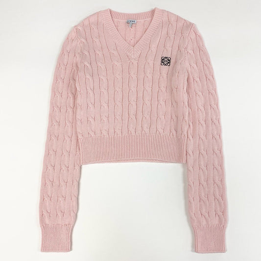 84e30 《未使用保管品》 タグ付 LOEWE ロエベ アナグラム ロゴ刺繍 Vネック ニット セーター S359Y14KFG XSサイズ ピンク コットン