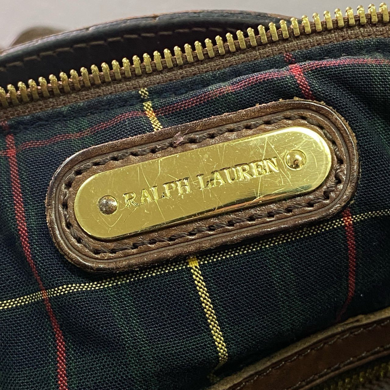 Db28 RALPH LAUREN ラルフローレン ミニボストンバッグ レザーバッグ ショルダーバッグ 2way 裏地チェック柄 ブラウン 本革
