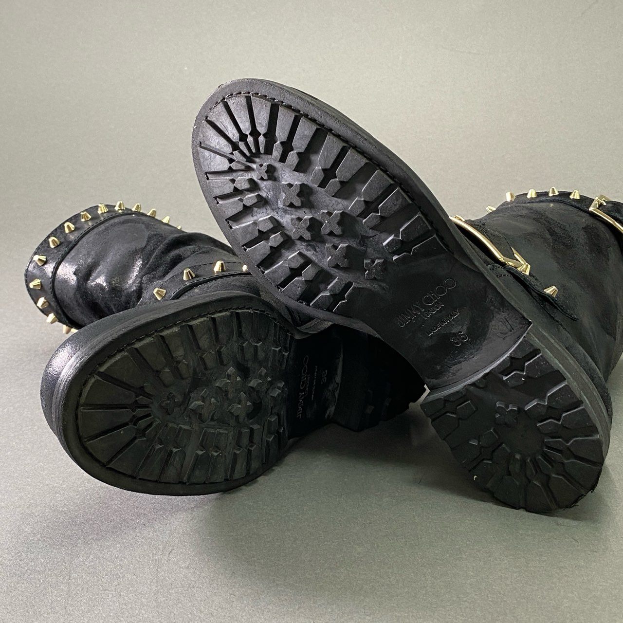 1d16 《美品》 JIMMY CHOO ジミーチュウ ワックス加工 スタッズバイカーブーツ 36 ブラック レザー シューズ イタリア製