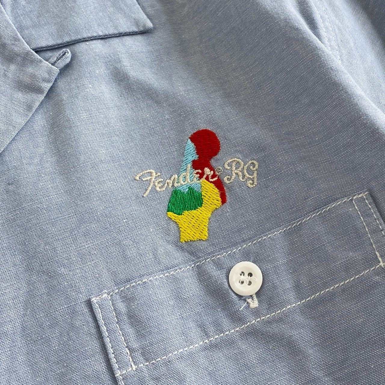 59g26 《美品》 RUDE GALLERY × FENDER ルードギャラリー フェンダー 半袖シャツ オープンカラー 開襟 ロゴ刺繍 日本製 ギタートップ 4 Lサイズ相当 ブルー コットン