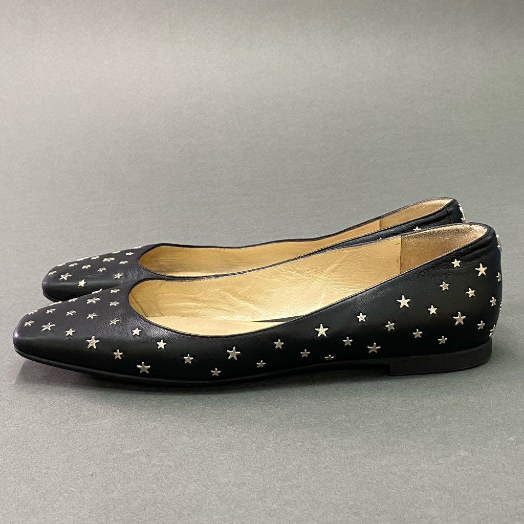 7d7 JIMMY CHOO ジミーチュウ スタースタッズ フラットシューズ パンプス JCロゴ レザーパンプス 星柄 スクエアトゥ 38 ブラック