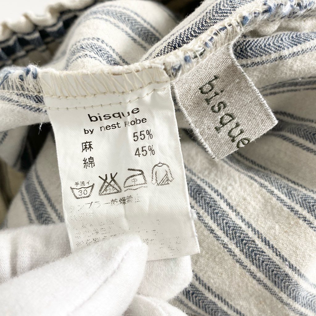 6d7 bisque by nest robe ビスクバイネストローブ 日本製 ストライプ イージーパンツ ボトムス フリーサイズ F オフホワイト 生成 ブルー リネン コットン リネンブレンド