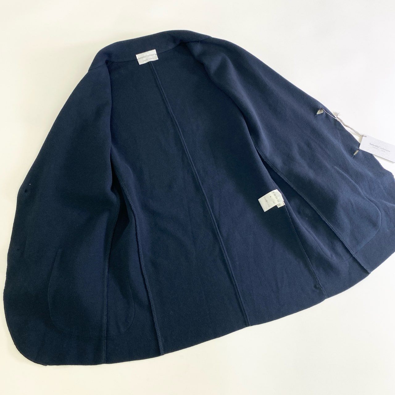 6j18 《未使用保管品》 タグ付 Settefili Cashmere セッテフィーリ カシミア ミラノリブ ニットテーラードジャケット ブレザー イタリア製 46/XS ネイビー コットン