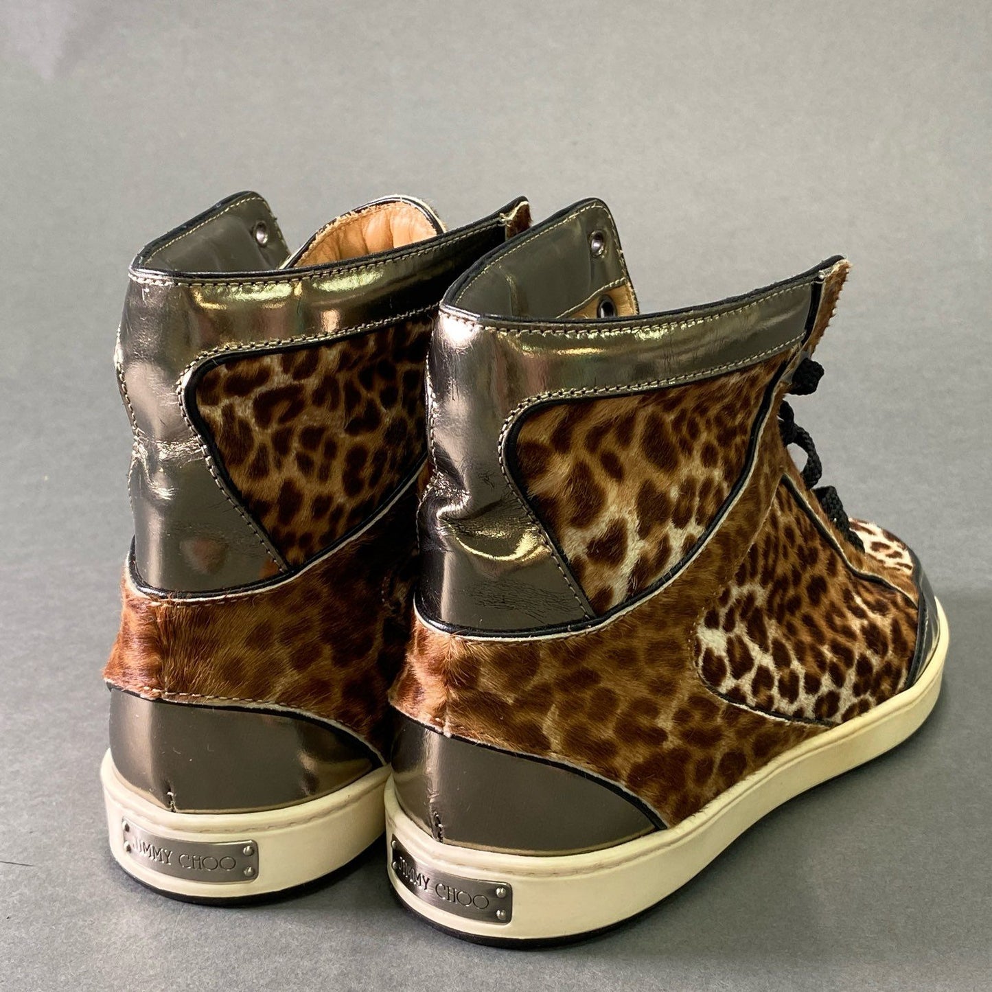 3e5 JIMMY CHOO ジミーチュウ ハラコ レオパード ハイカットスニーカー 35 1/2 ブラウン レザー シューズ イタリア製