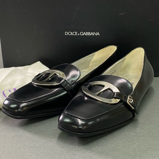 1c3 DOLCE&GABBANA ドルチェアンドガッバーナ スクエアトゥ レザーシューズ ドレスシューズ メタルプレート イタリア製 レディース 36 ブラック 本革