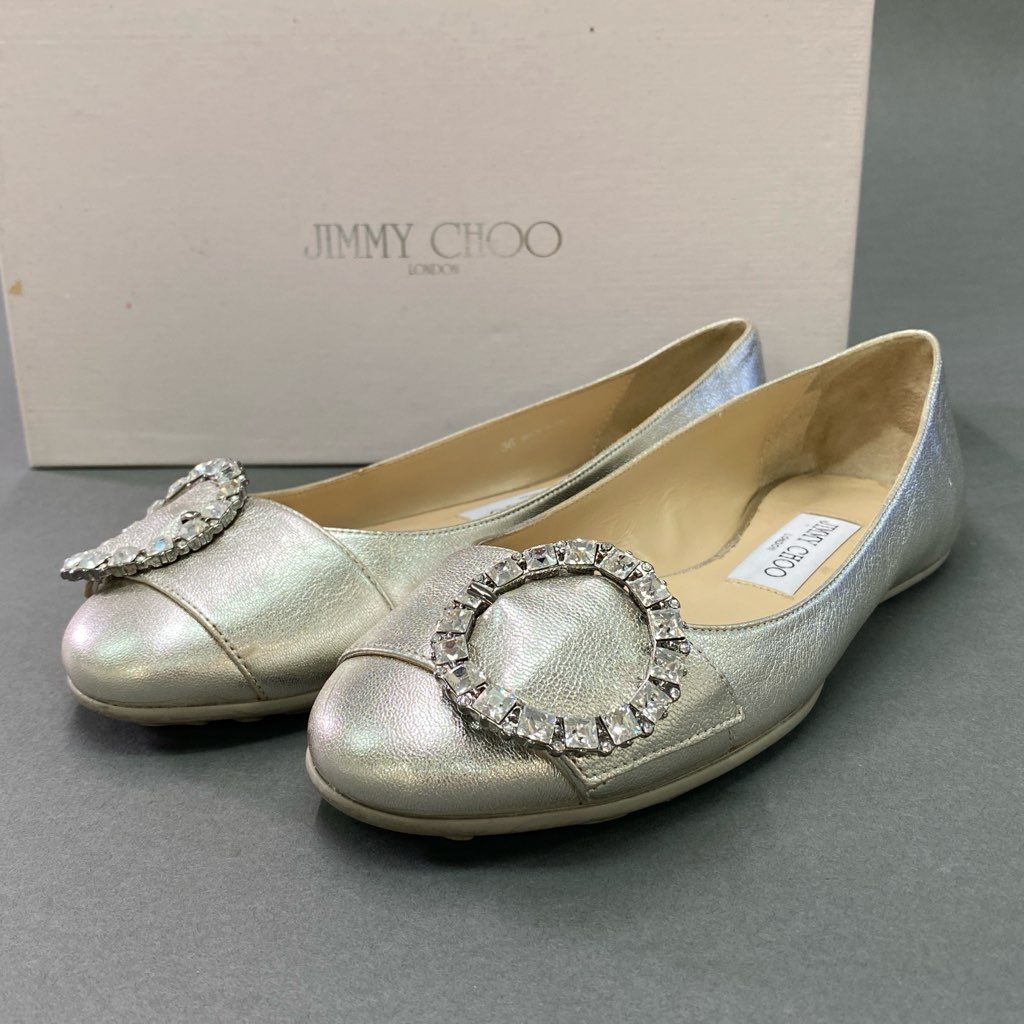 3d7 JIMMY CHOO ジミーチュウ フラットシューズ バレエシューズ メタリック ビジューバックル パンプス ラウンドトゥ 36 シルバー