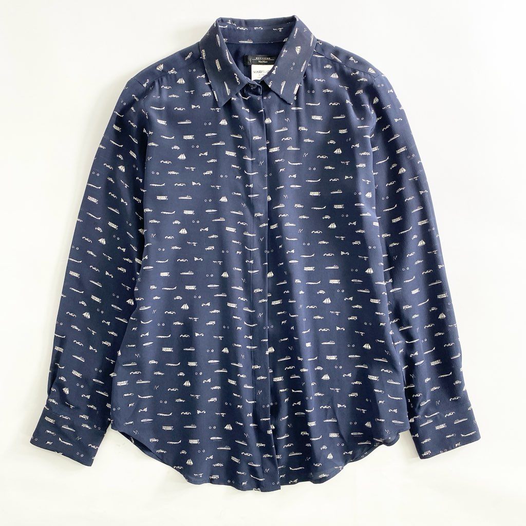 26h9 WEEKEND Max Mara ウィークエンド マックスマーラ VEHICLE SILK SHIRT シルクシャツ 38 ネイビー ブラウス モロッコ製