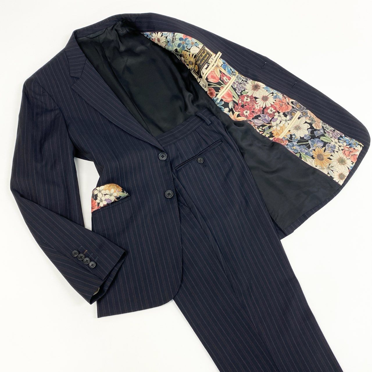 23l14 Paul Smith ポールスミスLoroPiana ロロピアーナ生地 4シーズン 裏地花柄 総柄 2B シングルスーツ セットアップ サイズM ネイビー メンズ 紳士 通年