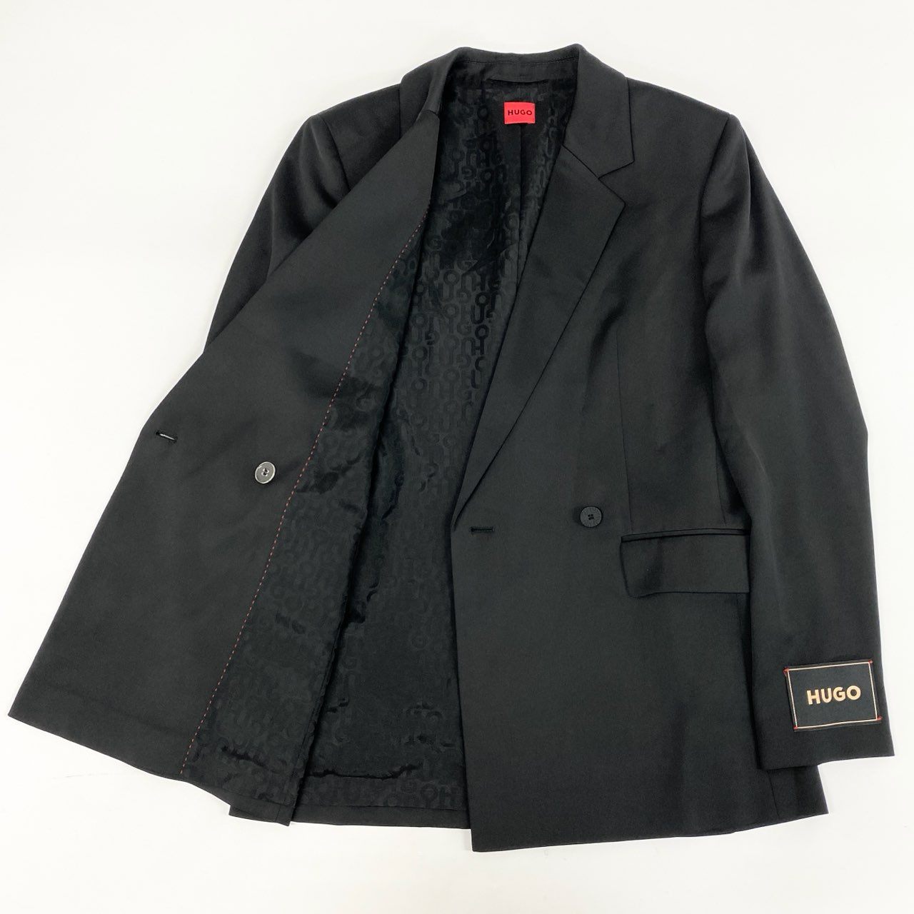 83i3《美品》 HUGO BOSS ヒューゴボス ダブルプレスト テーラードジャケット ブレザー 裏地総柄 ビジネス フォーマル 38 ブラック レディースo07t