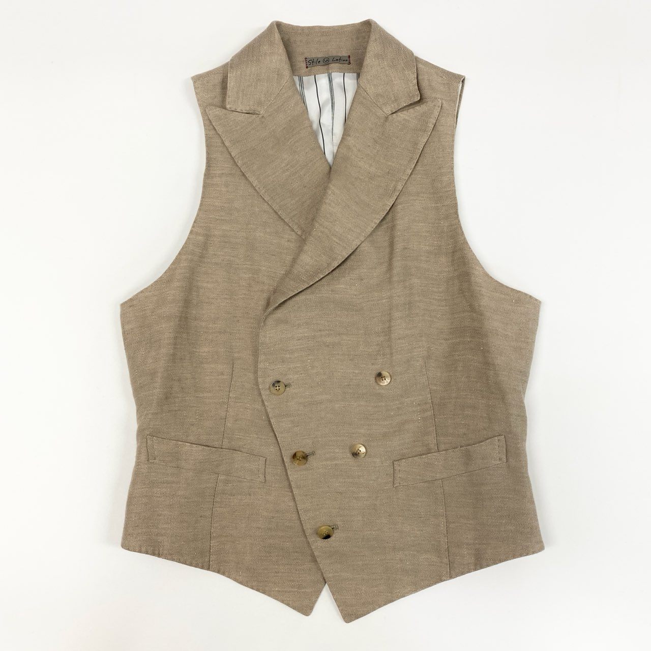 43f25 【美品】Stile Latino スティレラティーノ リネン100 ダブルブレスト ジレベスト ドレスジレ サイズ44 7R ベージュ メンズ 紳士 春夏 ベスト