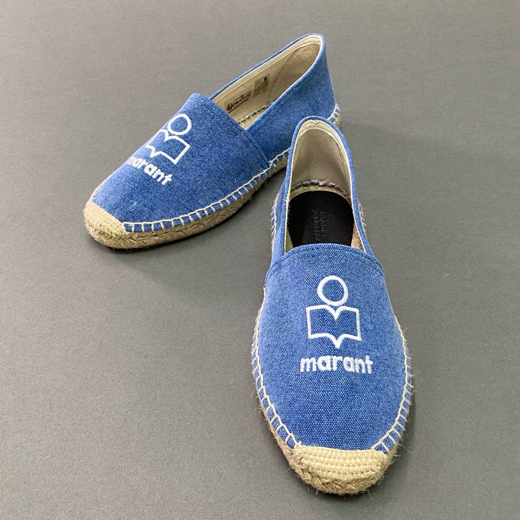 3d12 《美品》 ISABEL MARANT イザベルマラン エスパドリーユ スリッポン ロゴ刺繍 フラットシューズ 収納袋付き キャンバス 39 ブルー