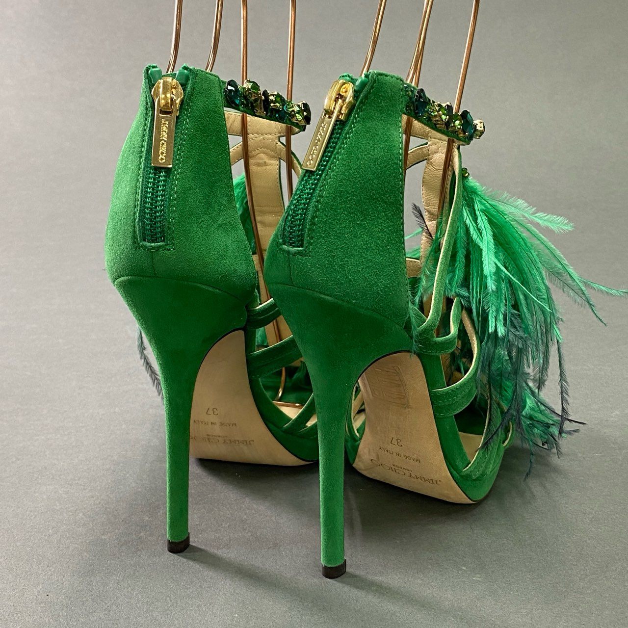 3c18 イタリア製 JIMMY CHOO ジミーチュウ ラインストーン ハイヒールサンダル パンプス シューズ フェザー 37 グリーン スエードレザー