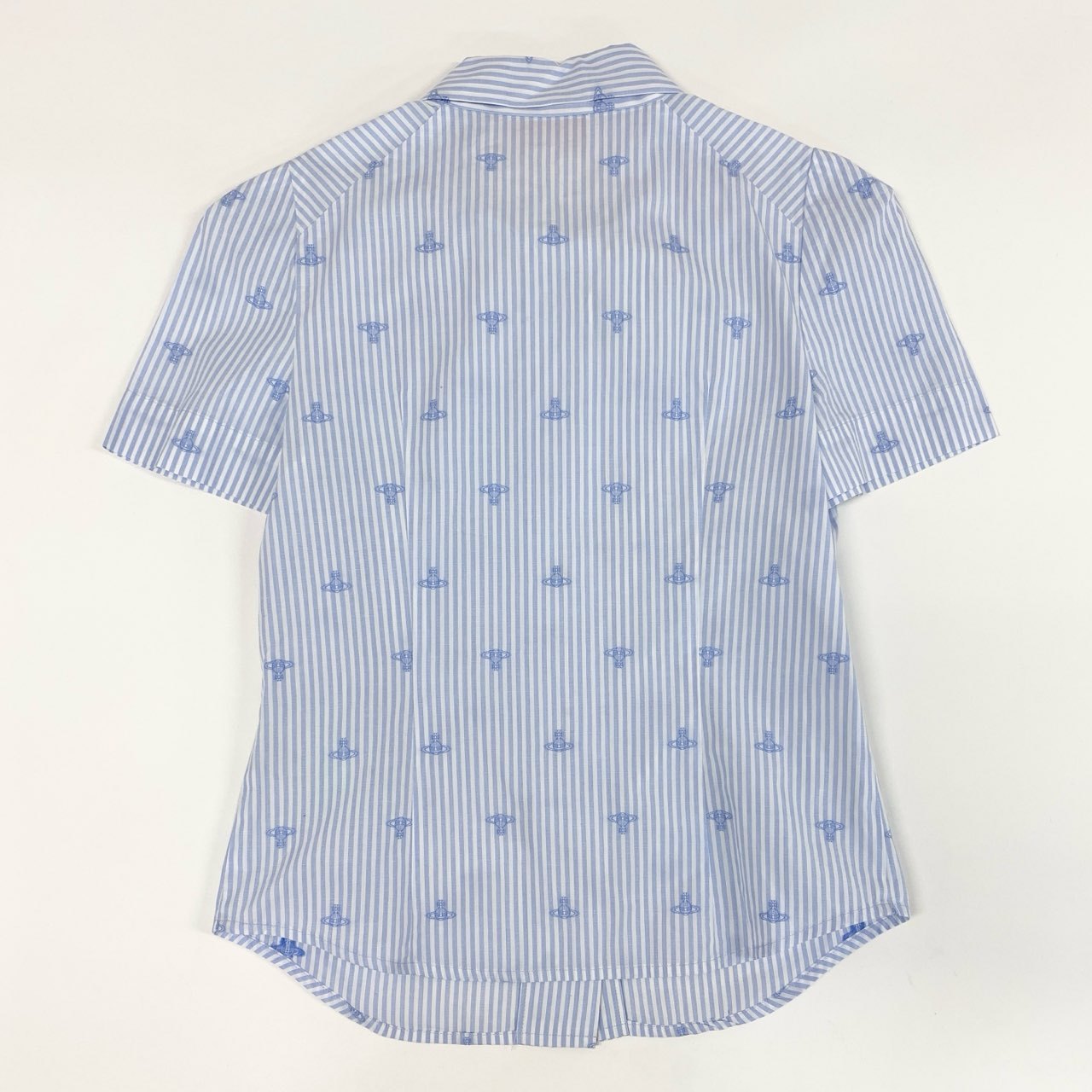 4c28 Vivienne Westwood RED LABEL ヴィヴィアンウエストウッド レッドレーベル 半袖シャツ ボウタイ リボン ストライプシャツ オーブ刺繍 オーブ柄 コットンシャツ 16401M 1 ブルー ホワイト コットン100%