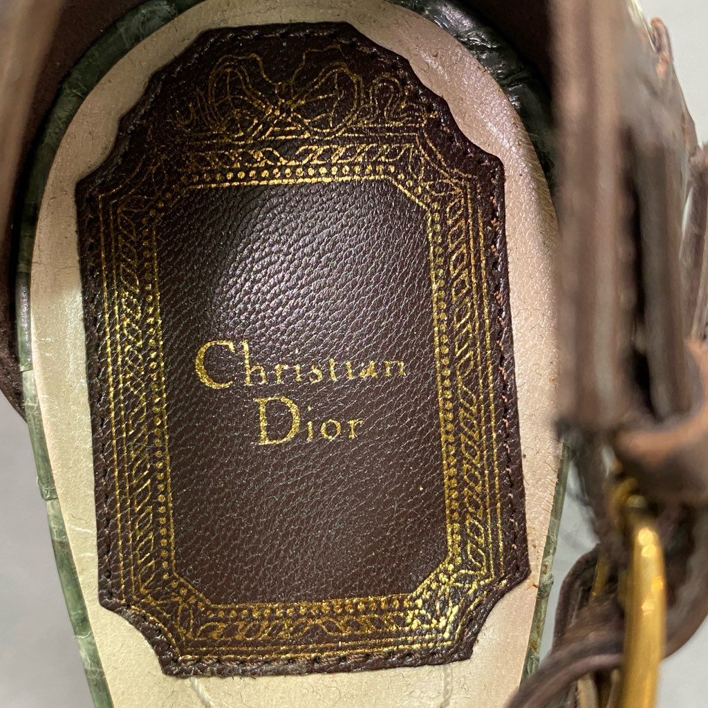 7d7 Christian Dior クリスチャンディオール Snakeskin Pumps 蛇革 パンプス オープントゥ ベルト付き ストラップベルト イタリア製 37 1/2 ブラウン グリーン