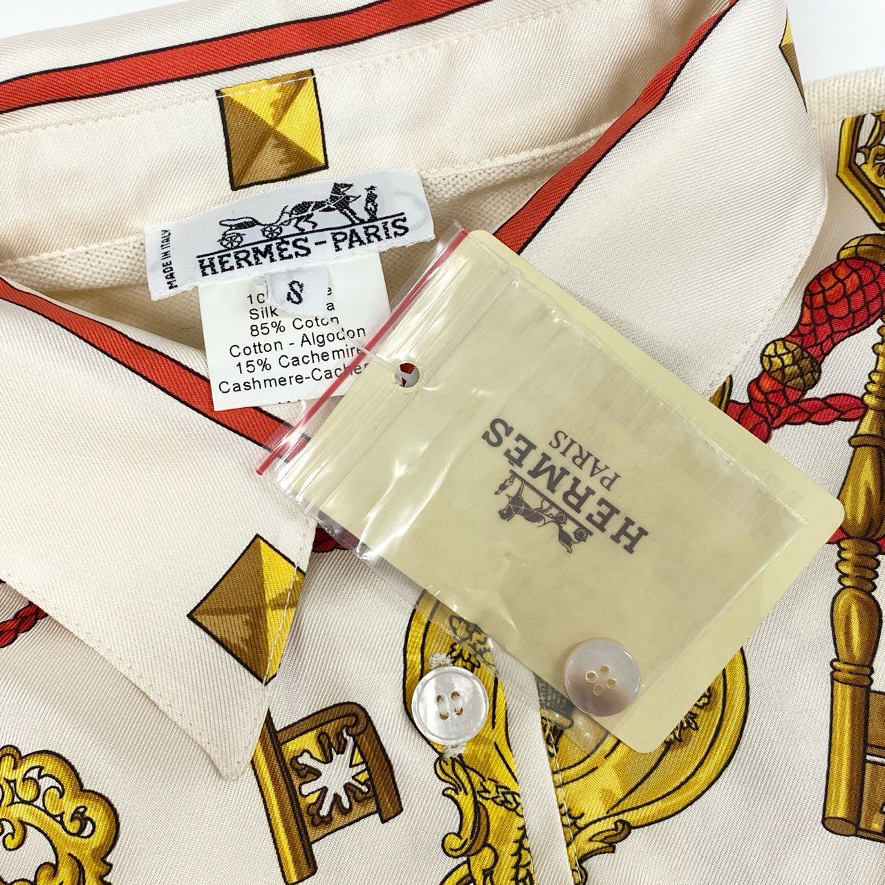 Ed7 HERMES エルメス シルク切替 長袖ポロシャツ サイズS ホワイト系 レディース POLO MANCHES LONGUESta1ta1