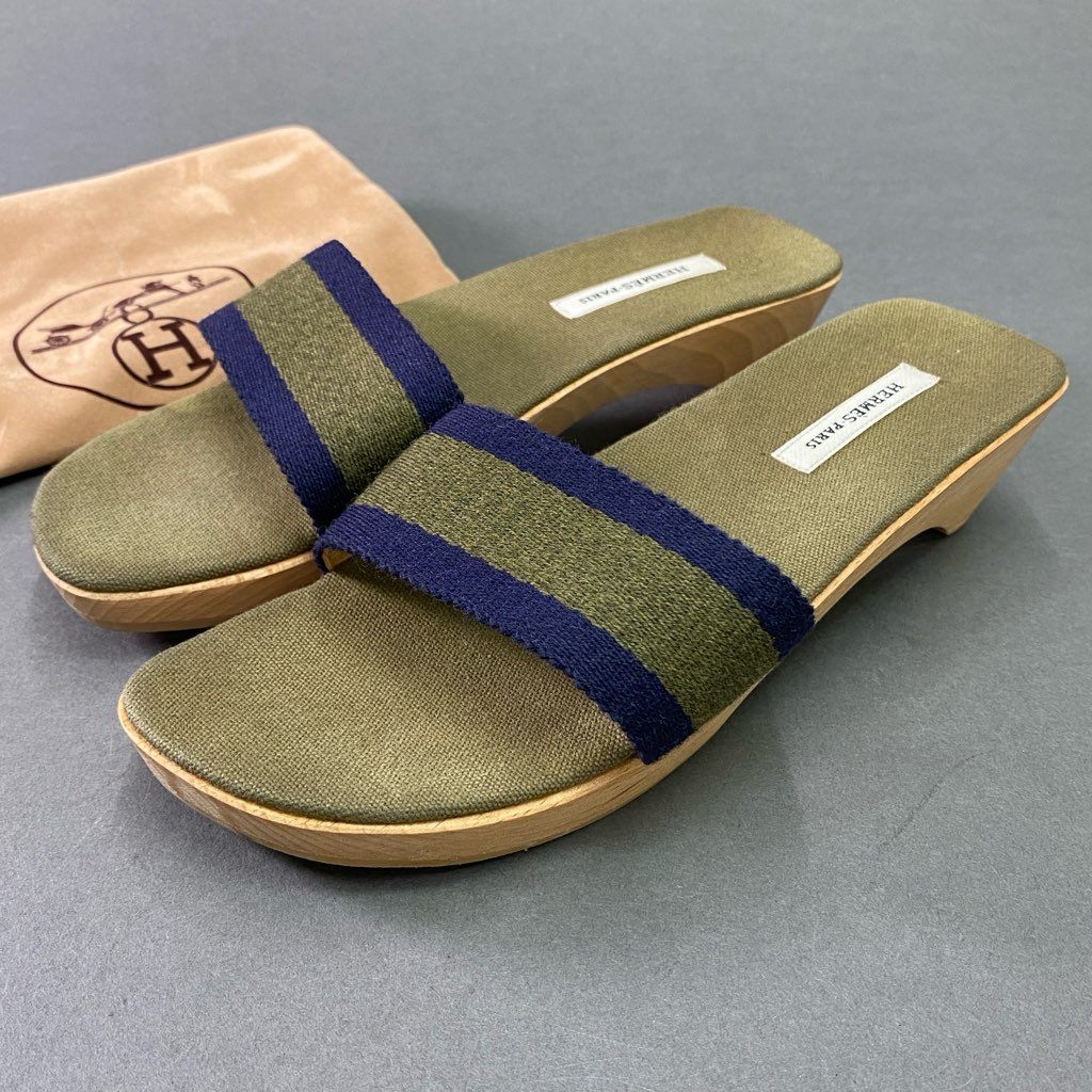 6d6 《美品》 HERMES エルメス マルジェラ期 フールトゥ サンダル 35 カーキ キャンバス エールライン ウッド シューズ スペイン製 夏