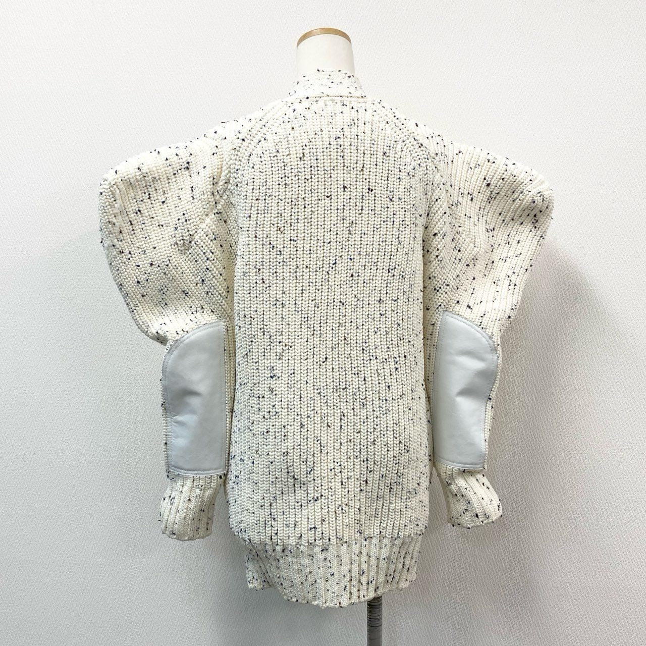 73f27 極美品 sacai サカイ 25ss Nep Yarn Knit Cardigan ニットカーディガン 変形デザイン レザー切替 25-07656 1 ホワイト系 ポリエステル レディース