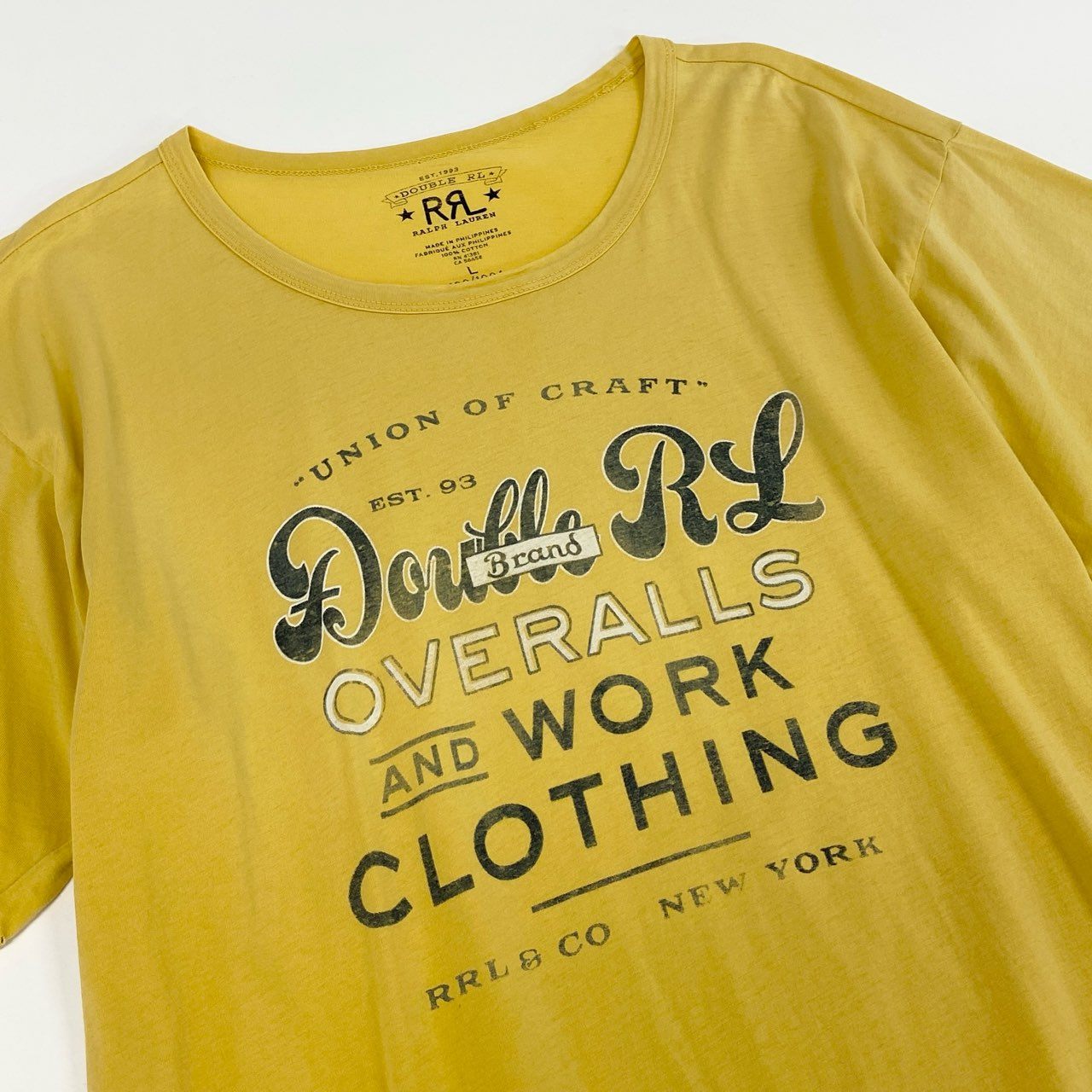 69f21 RRL DOUBLE RL ダブルアールエル コットンジャージー グラフィックプリント Tシャツ カットソー 半袖 Lサイズ イエロー コットン