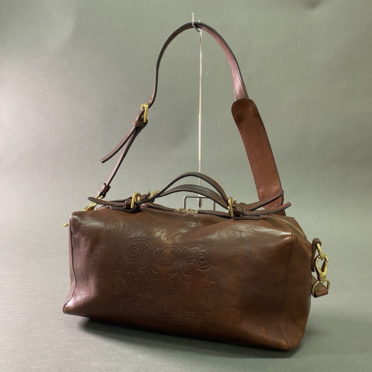 Db28 RALPH LAUREN ラルフローレン ミニボストンバッグ レザーバッグ ショルダーバッグ 2way 裏地チェック柄 ブラウン 本革