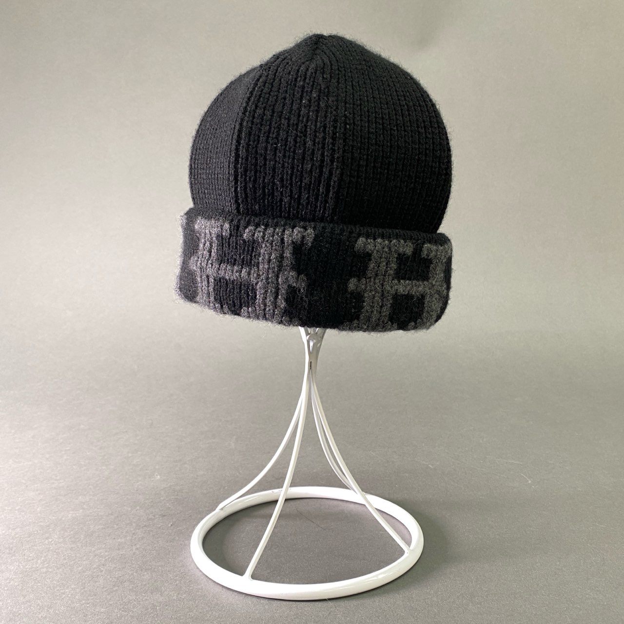 l23 HERMES エルメス イタリア製 カシミヤ100% Hロゴ ニット帽 ブラック グレー cashmere ビーニー