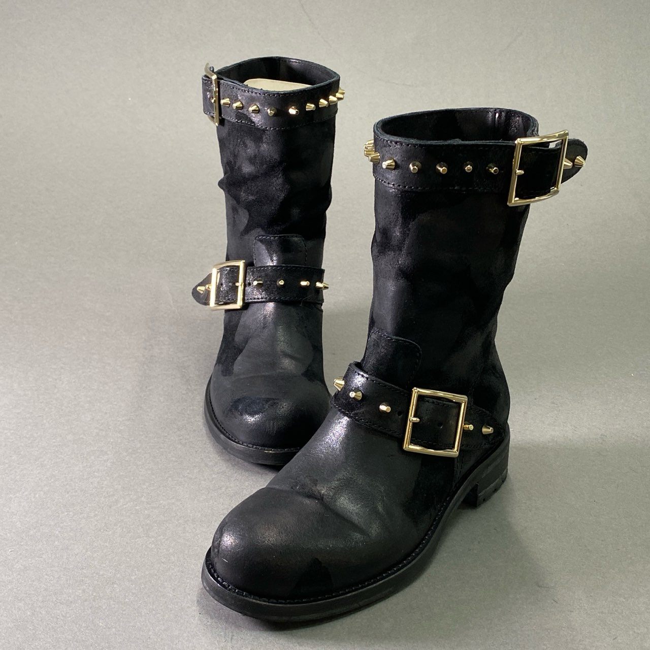 1d16 《美品》 JIMMY CHOO ジミーチュウ ワックス加工 スタッズバイカーブーツ 36 ブラック レザー シューズ イタリア製