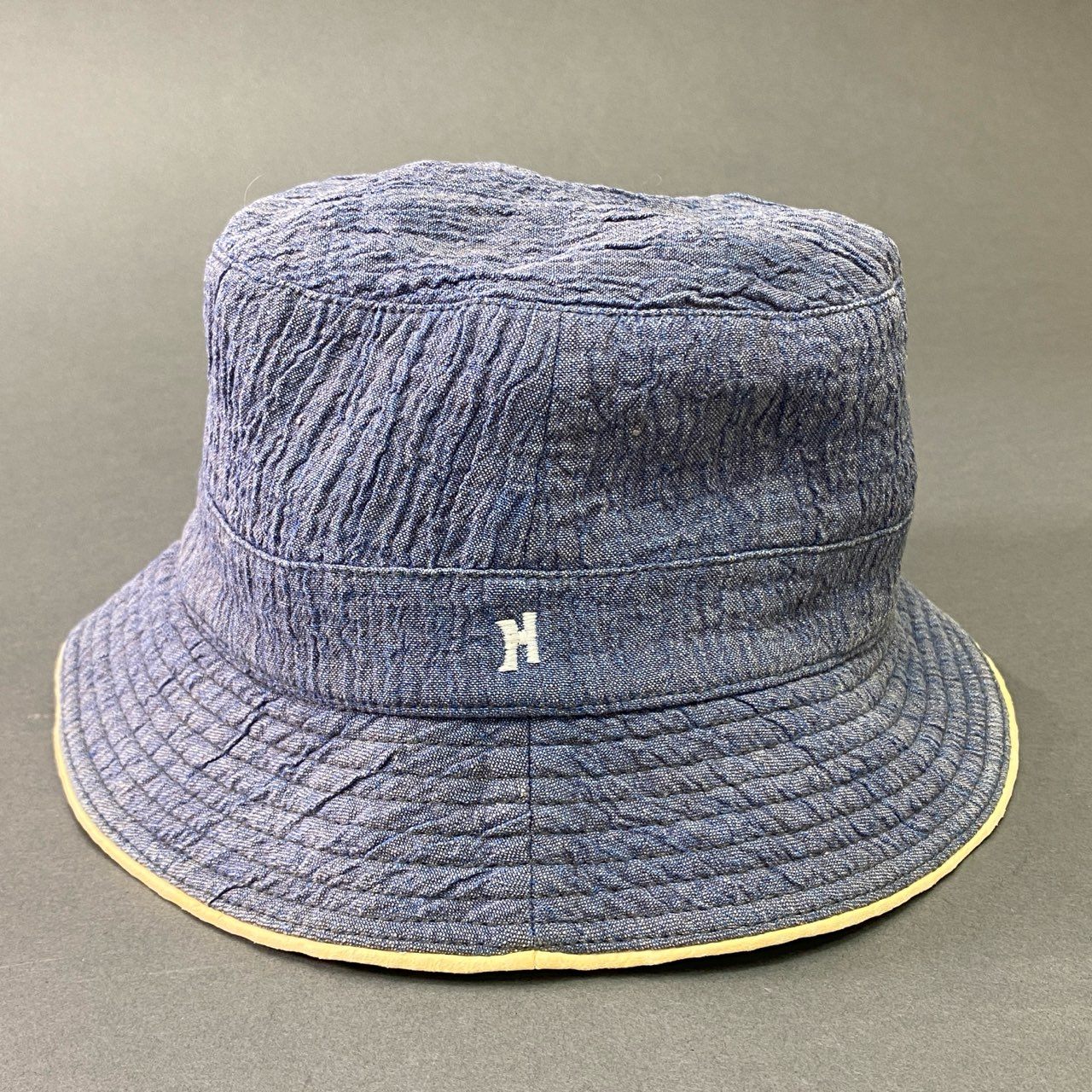 b17 HERMES エルメス 刺繍Hロゴ バケットハット 58 ブルー 帽子 シワ加工