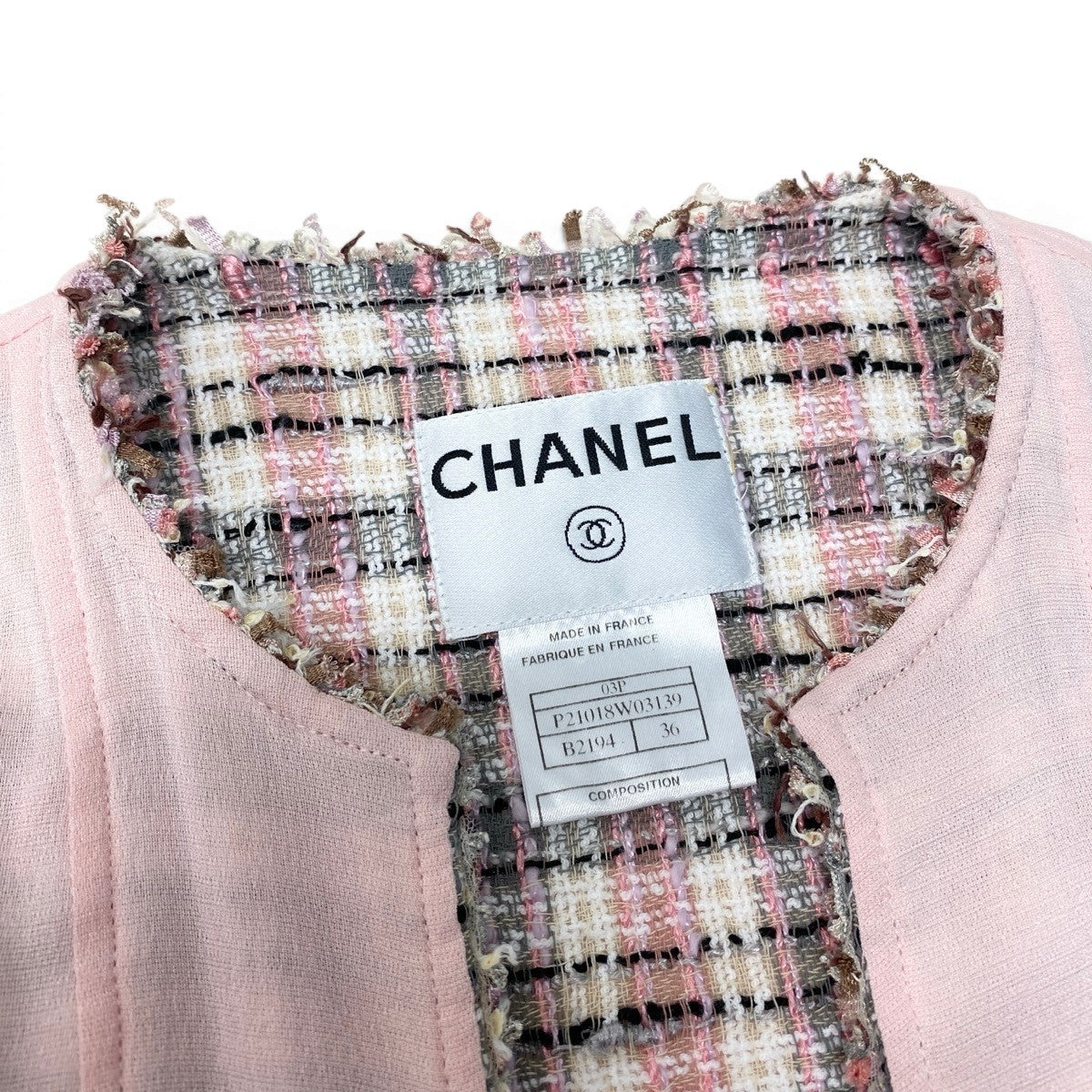 Cf11 CHANEL シャネル 03P チェーントリム ツイード 2Pジャケット ココマーク パールボタン サイズ36 ピンク レディース 女性用ta1