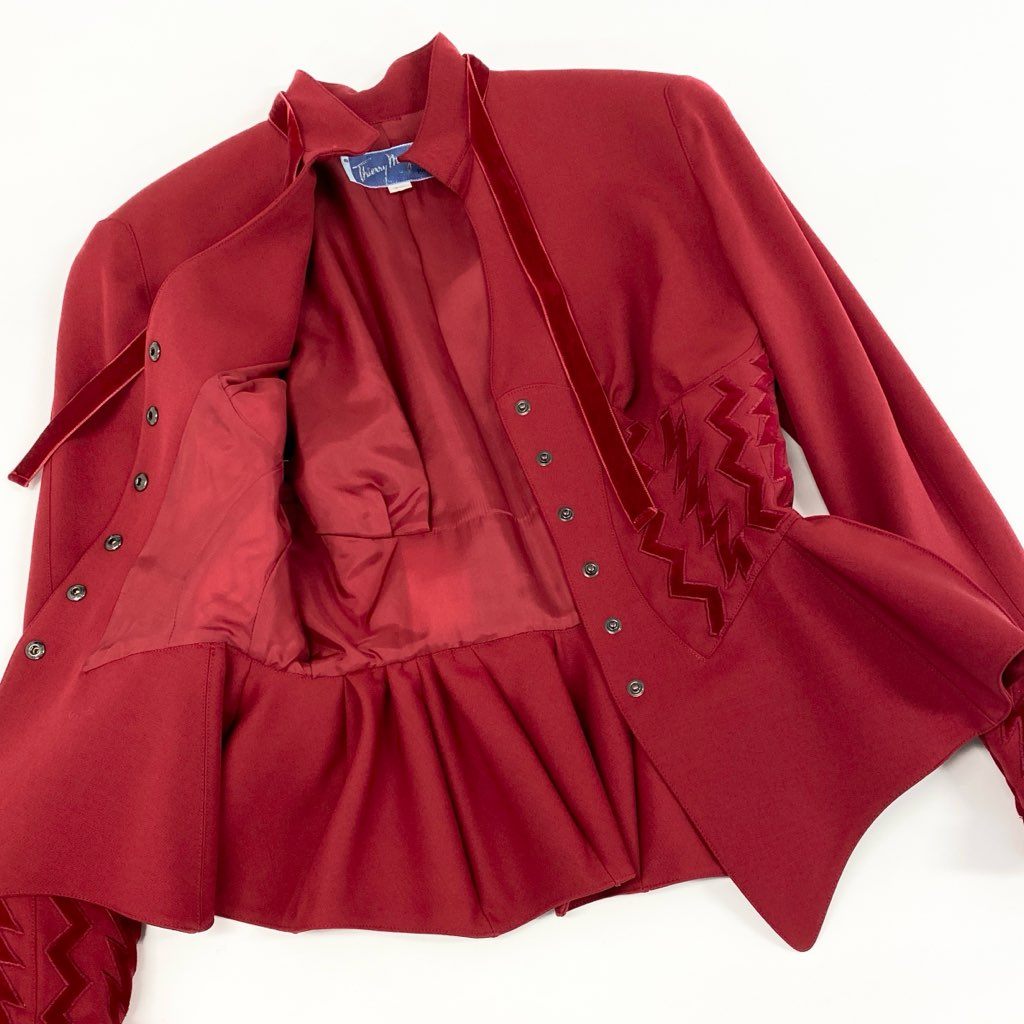 63d8-3 Thierry mugler ティエリー ミューグレー ジャケット/スカート スーツ セットアップ レースアップ フレア ボウタイ 変形デザイン サイズ9AR/63-90 レッド ウール100% レディース 日本製