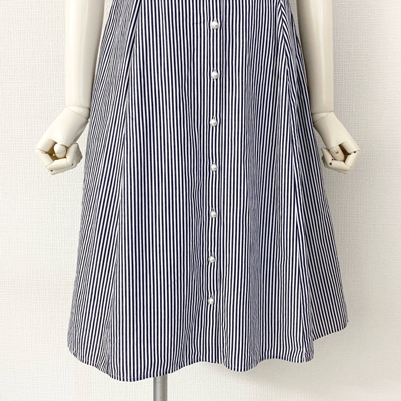 30d14 【美品】 Rene ルネ シャツワンピース ノースリーブワンピース パールボタン ストライプ 5826500 サイズ36 ブルー ホワイト コットン100% レディース 日本製