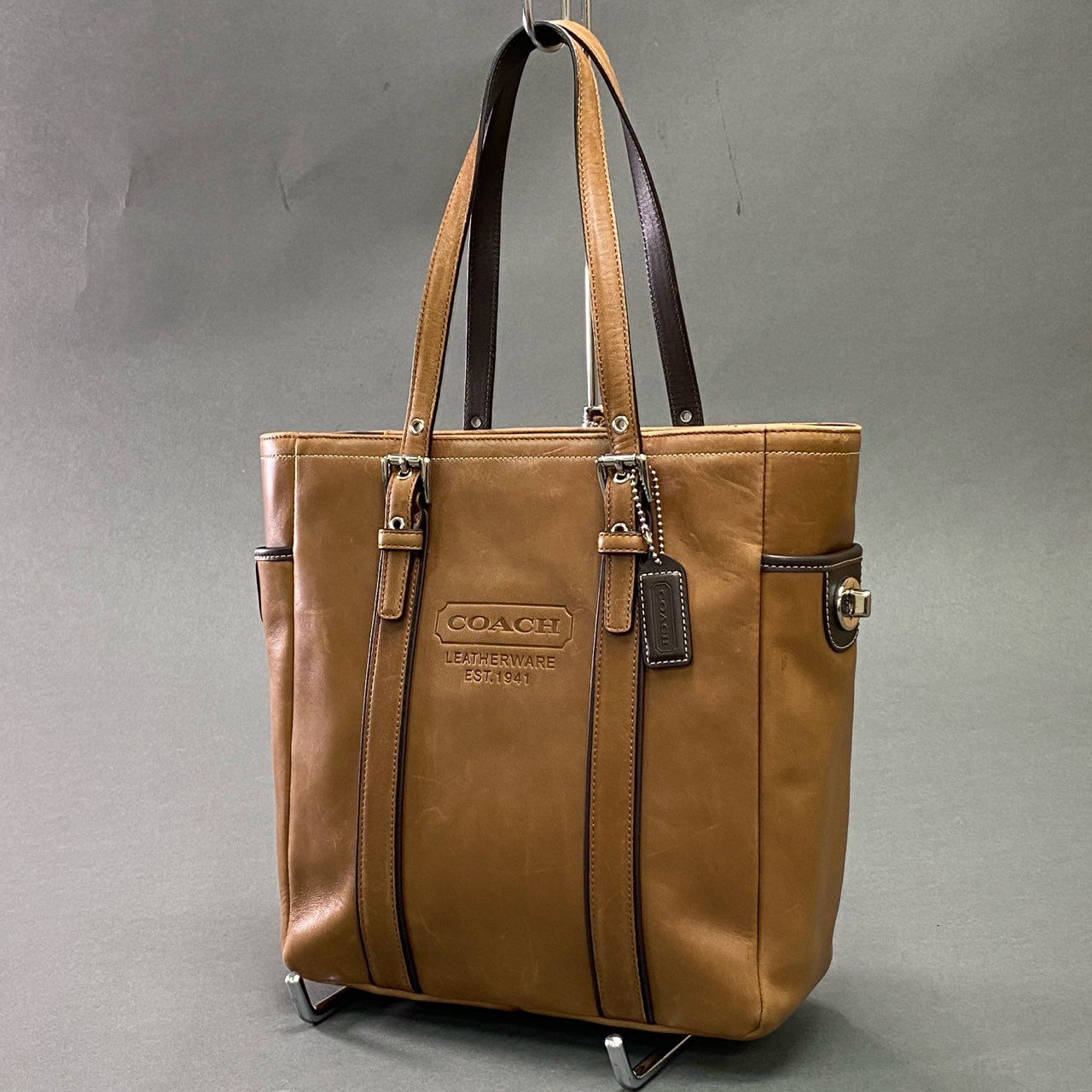 Cc21 COACH コーチ レザートートバッグ 8E92 ブラウン Leather ワンショルダー ターンロック カバン ユニセックス