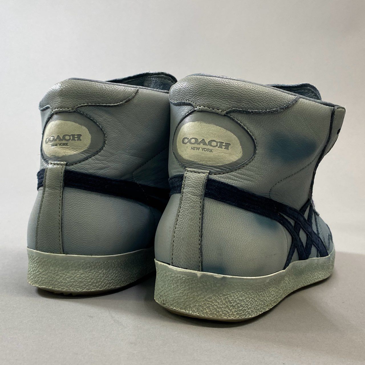 1h15《美品》COACH コーチ × Onitsuka Tiger オニツカタイガー 染め加工 ヴィンテージライク ハイカットスニーカー 26cm ブルー レザー シューズ コラボ 日本製t18r